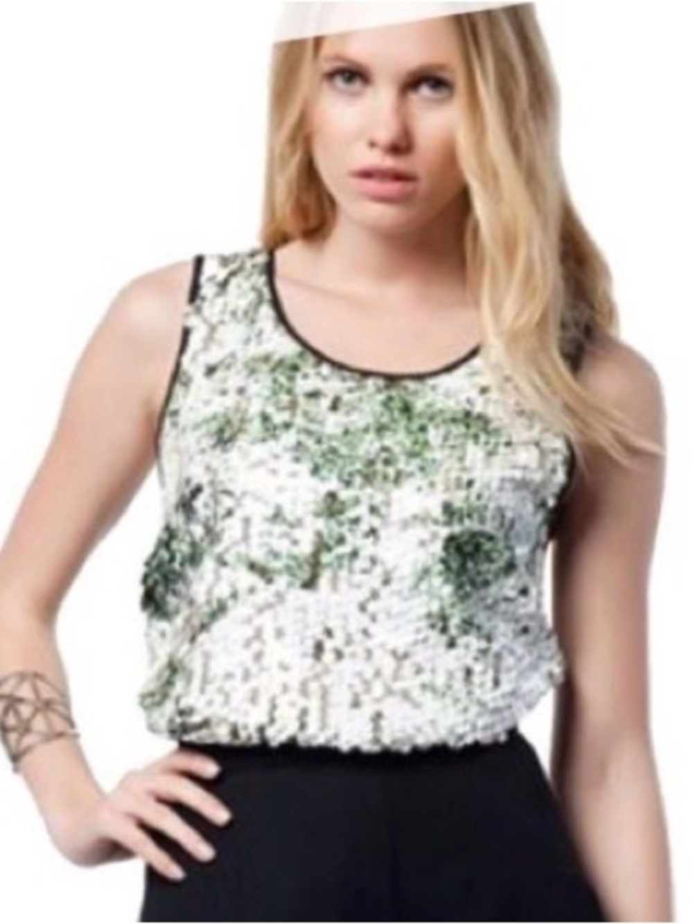 Zara Sequin Sleeveless Tank Top - White & Green 0252 B3